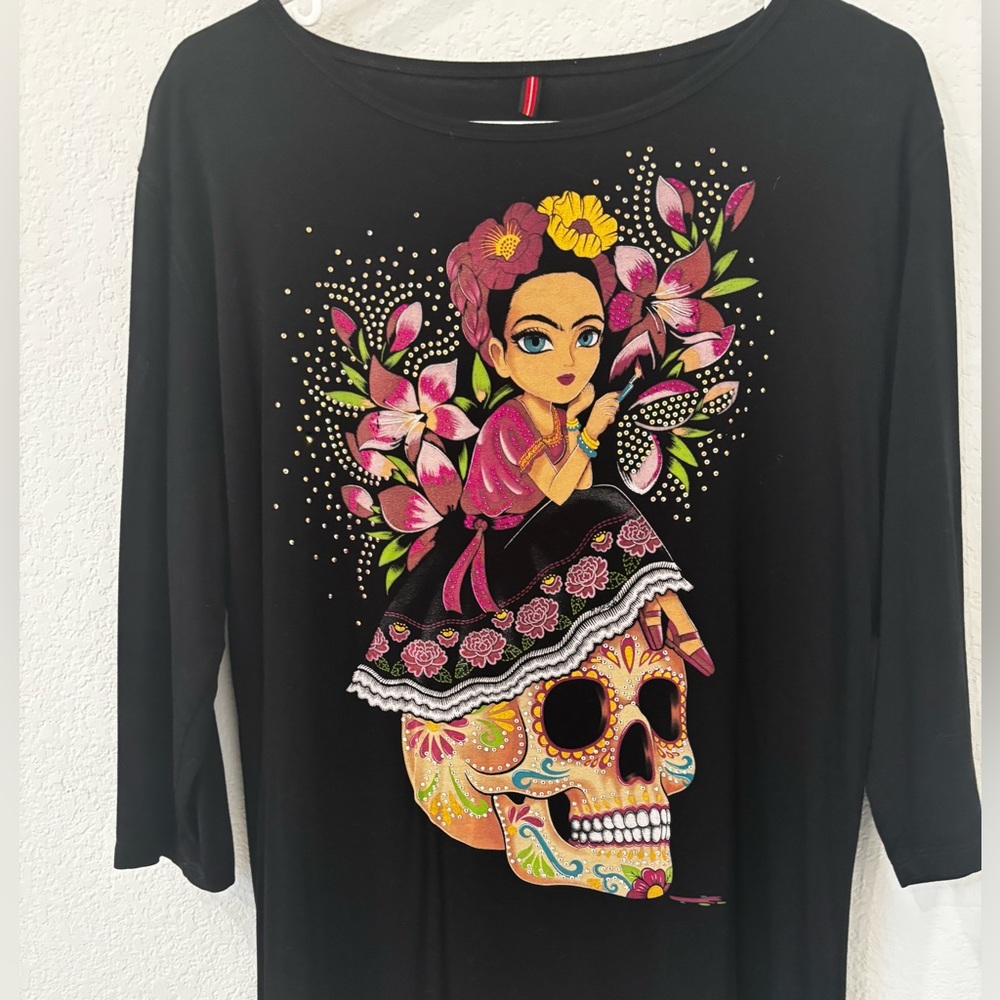 Black Long Sleeve Top with Colorful Skull Design